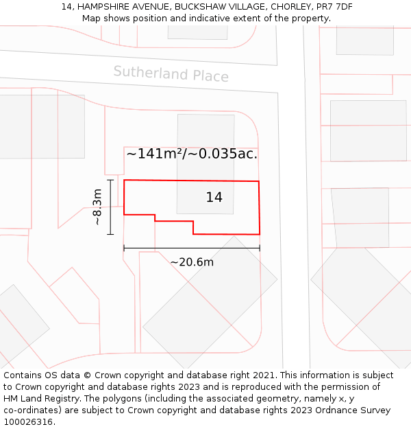 14, HAMPSHIRE AVENUE, BUCKSHAW VILLAGE, CHORLEY, PR7 7DF: Plot and title map
