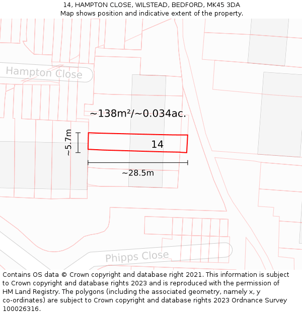 14, HAMPTON CLOSE, WILSTEAD, BEDFORD, MK45 3DA: Plot and title map