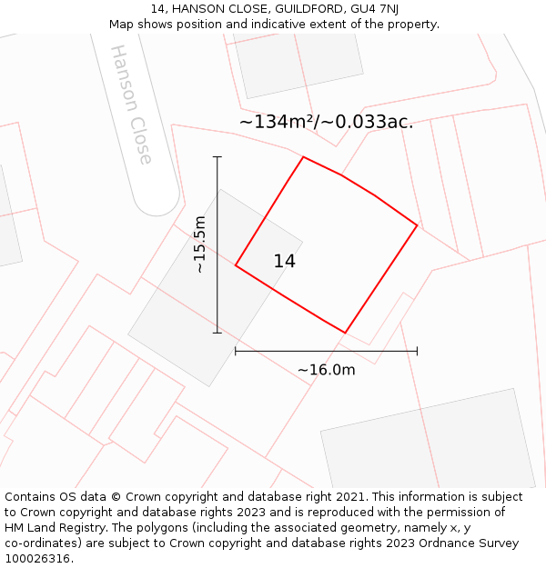 14, HANSON CLOSE, GUILDFORD, GU4 7NJ: Plot and title map