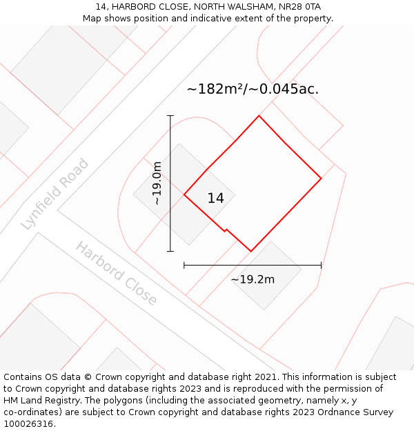 14, HARBORD CLOSE, NORTH WALSHAM, NR28 0TA: Plot and title map