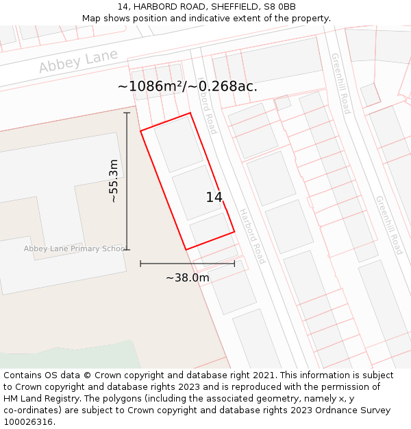 14, HARBORD ROAD, SHEFFIELD, S8 0BB: Plot and title map