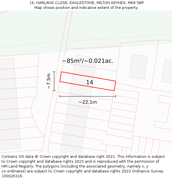 14, HARLANS CLOSE, EAGLESTONE, MILTON KEYNES, MK6 5BP: Plot and title map