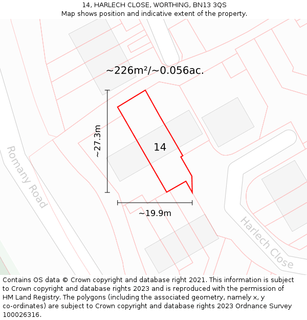 14, HARLECH CLOSE, WORTHING, BN13 3QS: Plot and title map