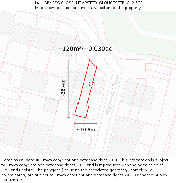 14, HARNESS CLOSE, HEMPSTED, GLOUCESTER, GL2 5GF: Plot and title map