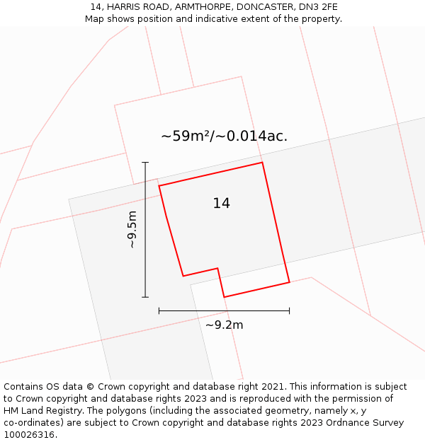 14, HARRIS ROAD, ARMTHORPE, DONCASTER, DN3 2FE: Plot and title map