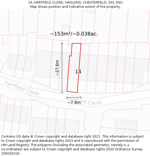 14, HARTFIELD CLOSE, HASLAND, CHESTERFIELD, S41 0NU: Plot and title map