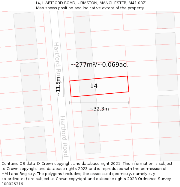14, HARTFORD ROAD, URMSTON, MANCHESTER, M41 0RZ: Plot and title map