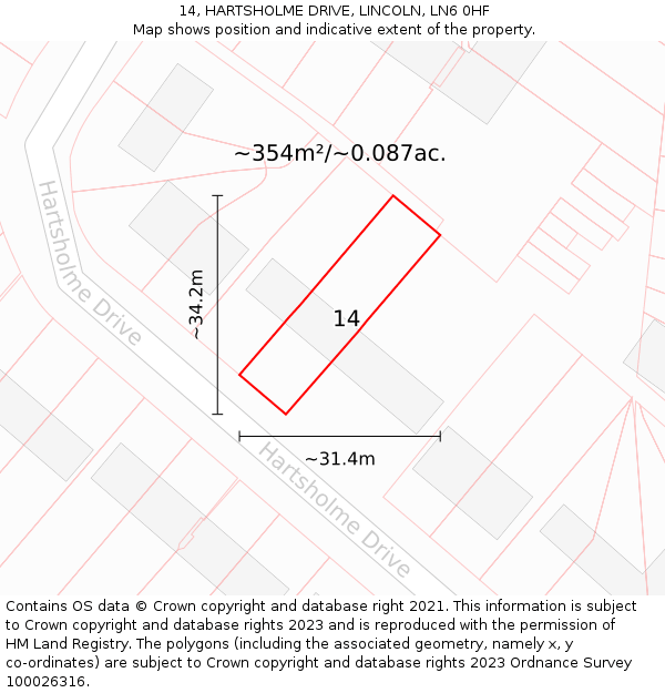 14, HARTSHOLME DRIVE, LINCOLN, LN6 0HF: Plot and title map