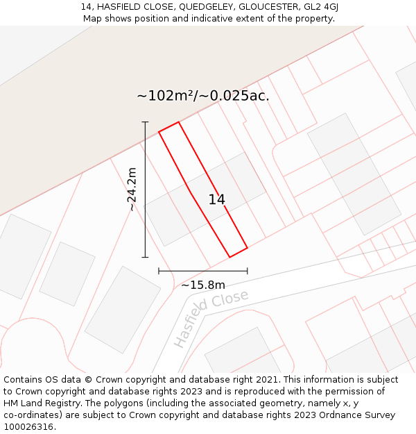 14, HASFIELD CLOSE, QUEDGELEY, GLOUCESTER, GL2 4GJ: Plot and title map