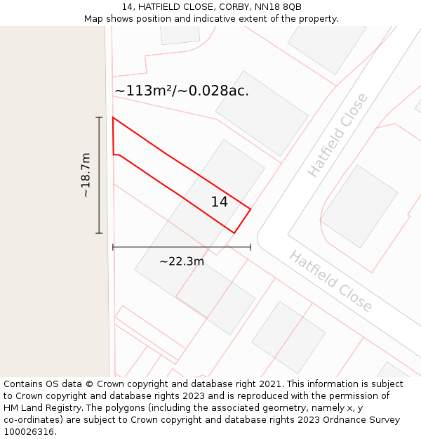 14, HATFIELD CLOSE, CORBY, NN18 8QB: Plot and title map