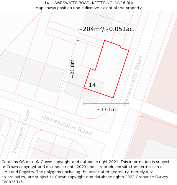 14, HAWESWATER ROAD, KETTERING, NN16 8LX: Plot and title map