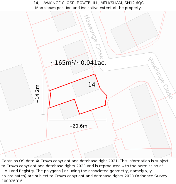 14, HAWKINGE CLOSE, BOWERHILL, MELKSHAM, SN12 6QS: Plot and title map