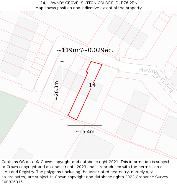 14, HAWNBY GROVE, SUTTON COLDFIELD, B76 2BN: Plot and title map