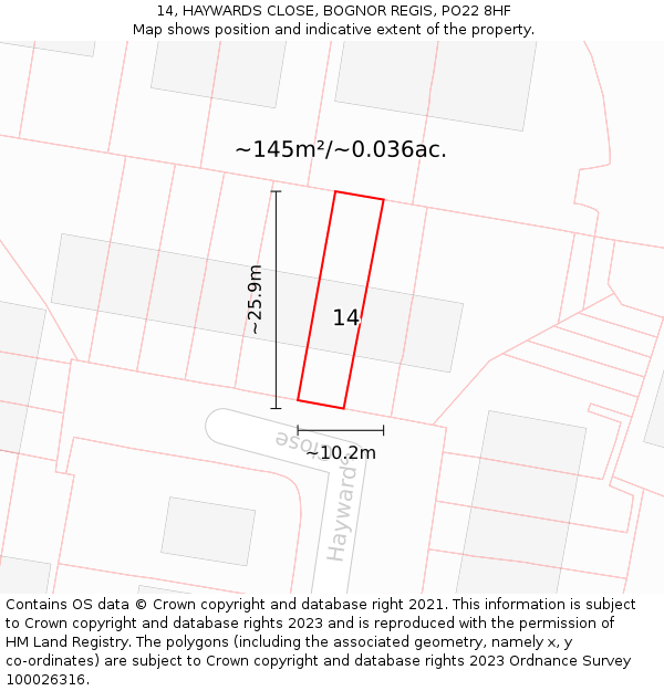 14, HAYWARDS CLOSE, BOGNOR REGIS, PO22 8HF: Plot and title map