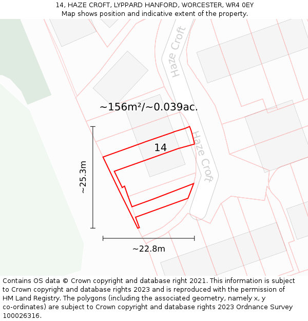 14, HAZE CROFT, LYPPARD HANFORD, WORCESTER, WR4 0EY: Plot and title map