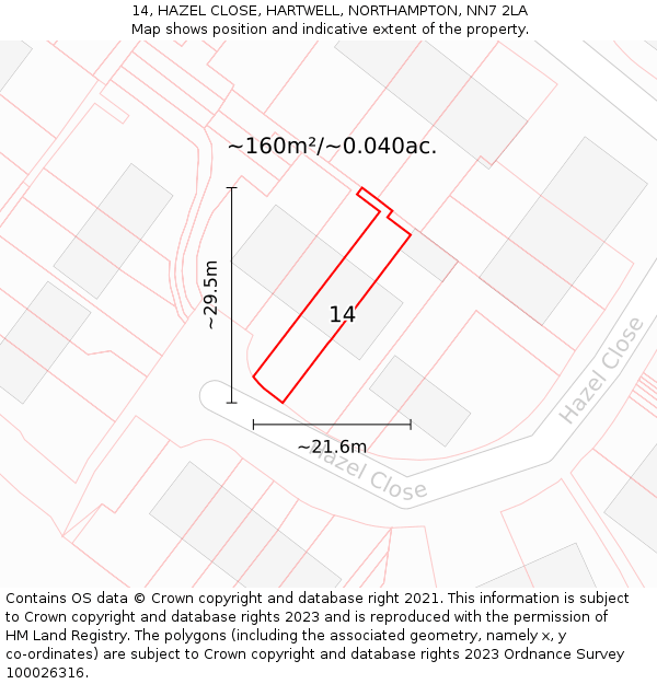 14, HAZEL CLOSE, HARTWELL, NORTHAMPTON, NN7 2LA: Plot and title map