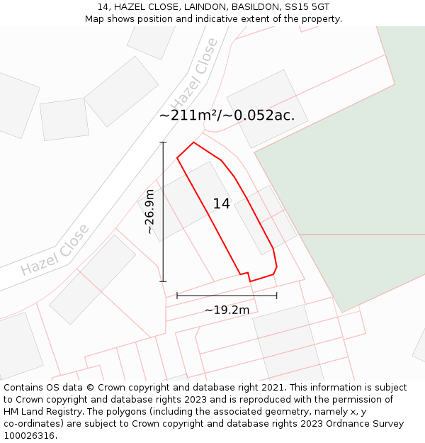 14, HAZEL CLOSE, LAINDON, BASILDON, SS15 5GT: Plot and title map