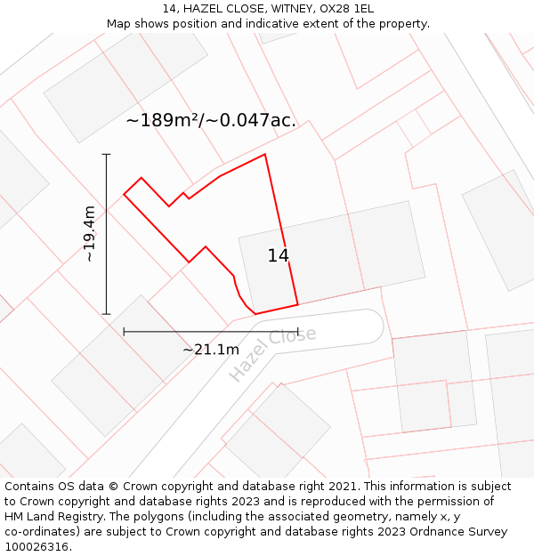 14, HAZEL CLOSE, WITNEY, OX28 1EL: Plot and title map