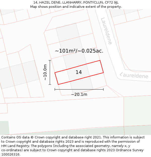 14, HAZEL DENE, LLANHARRY, PONTYCLUN, CF72 9JL: Plot and title map