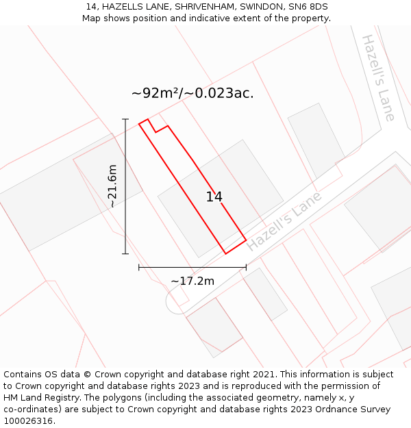 14, HAZELLS LANE, SHRIVENHAM, SWINDON, SN6 8DS: Plot and title map