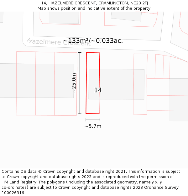 14, HAZELMERE CRESCENT, CRAMLINGTON, NE23 2FJ: Plot and title map