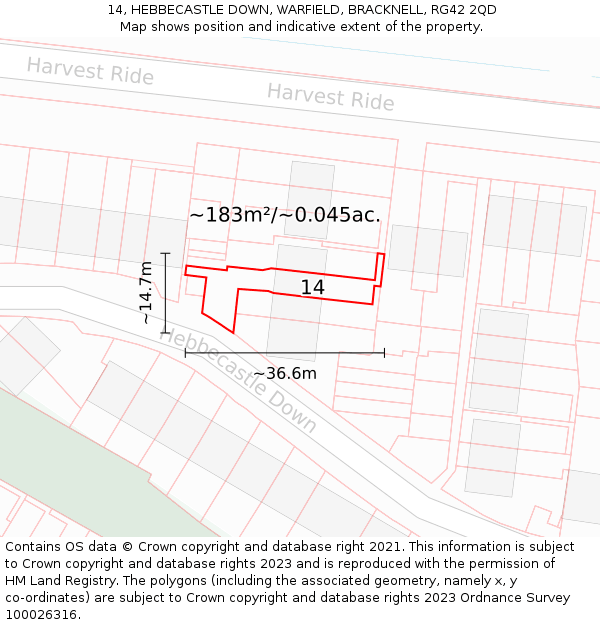 14, HEBBECASTLE DOWN, WARFIELD, BRACKNELL, RG42 2QD: Plot and title map
