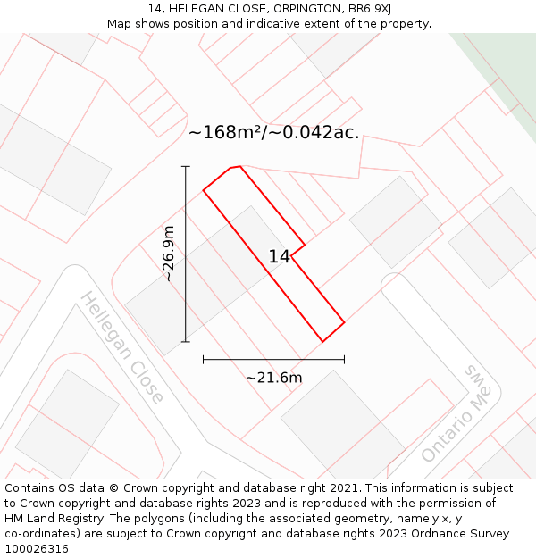 14, HELEGAN CLOSE, ORPINGTON, BR6 9XJ: Plot and title map