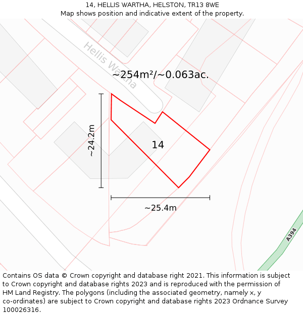 14, HELLIS WARTHA, HELSTON, TR13 8WE: Plot and title map