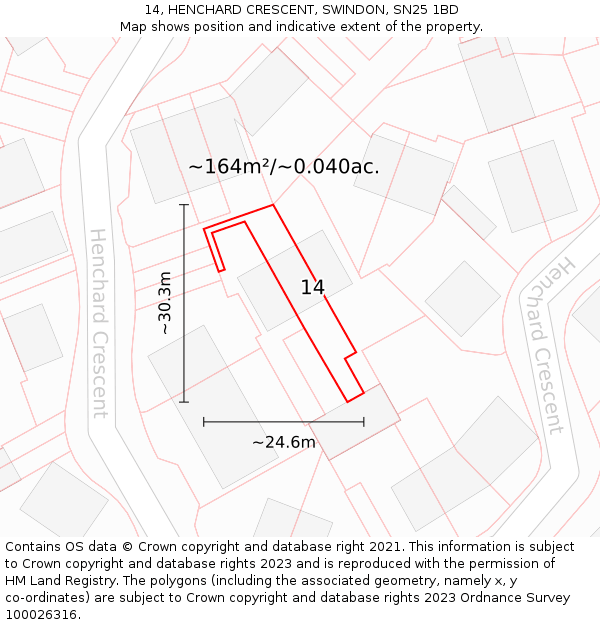 14, HENCHARD CRESCENT, SWINDON, SN25 1BD: Plot and title map