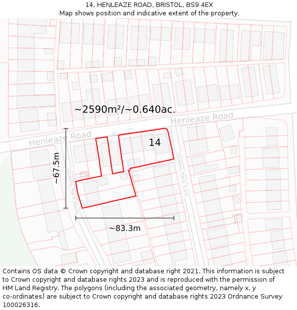 14, HENLEAZE ROAD, BRISTOL, BS9 4EX: Plot and title map