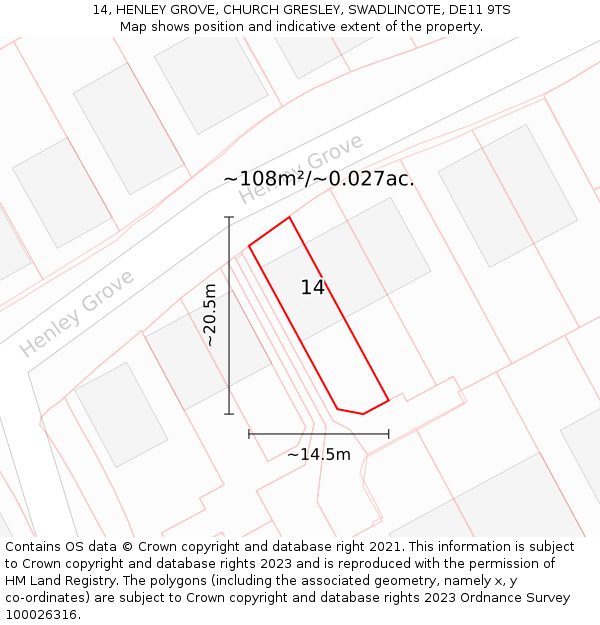 14, HENLEY GROVE, CHURCH GRESLEY, SWADLINCOTE, DE11 9TS: Plot and title map