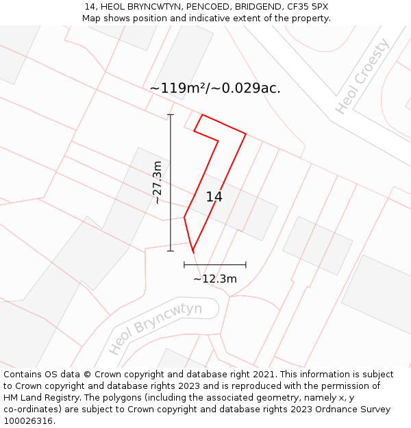 14, HEOL BRYNCWTYN, PENCOED, BRIDGEND, CF35 5PX: Plot and title map