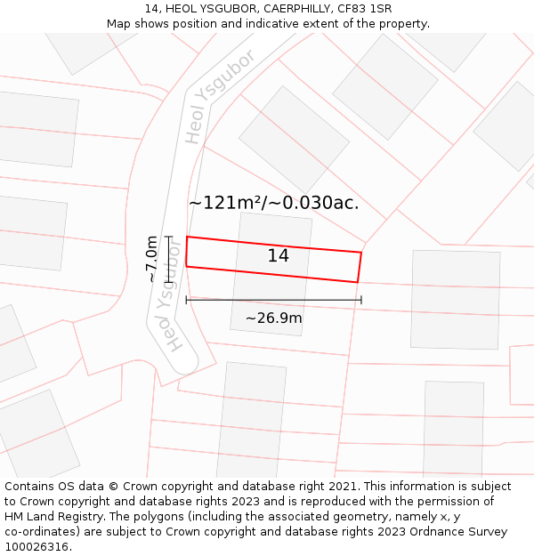 14, HEOL YSGUBOR, CAERPHILLY, CF83 1SR: Plot and title map