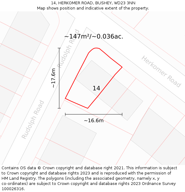 14, HERKOMER ROAD, BUSHEY, WD23 3NN: Plot and title map