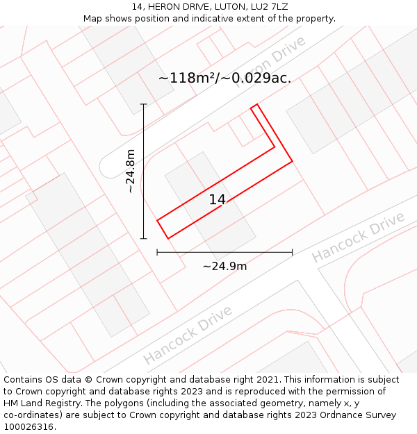 14, HERON DRIVE, LUTON, LU2 7LZ: Plot and title map