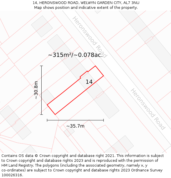 14, HERONSWOOD ROAD, WELWYN GARDEN CITY, AL7 3NU: Plot and title map