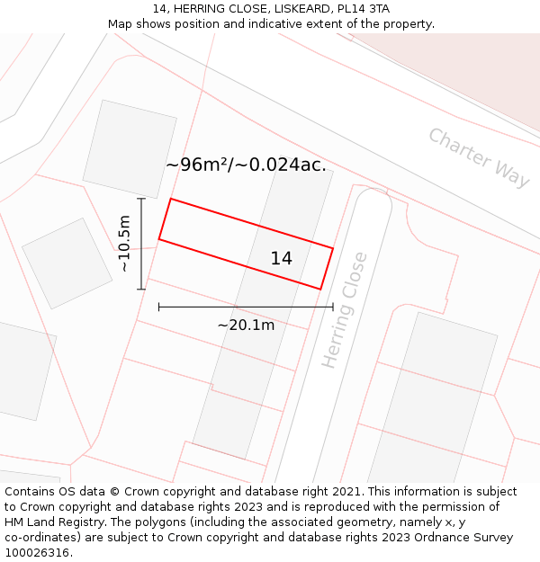 14, HERRING CLOSE, LISKEARD, PL14 3TA: Plot and title map
