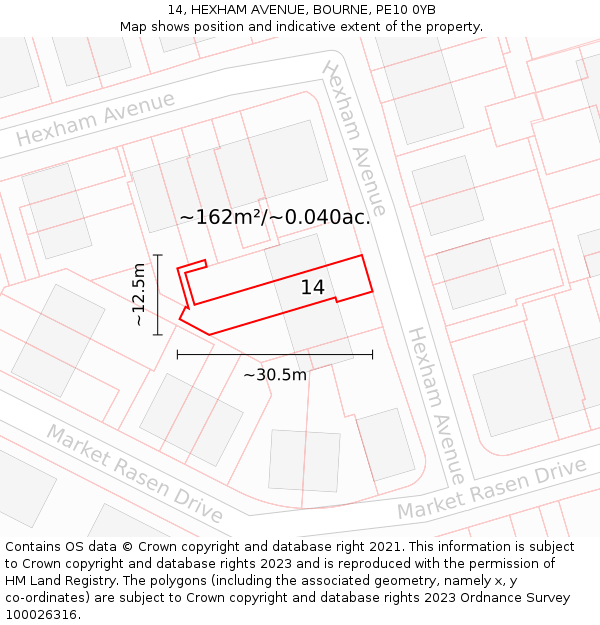 14, HEXHAM AVENUE, BOURNE, PE10 0YB: Plot and title map
