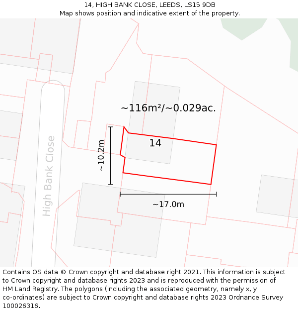 14, HIGH BANK CLOSE, LEEDS, LS15 9DB: Plot and title map