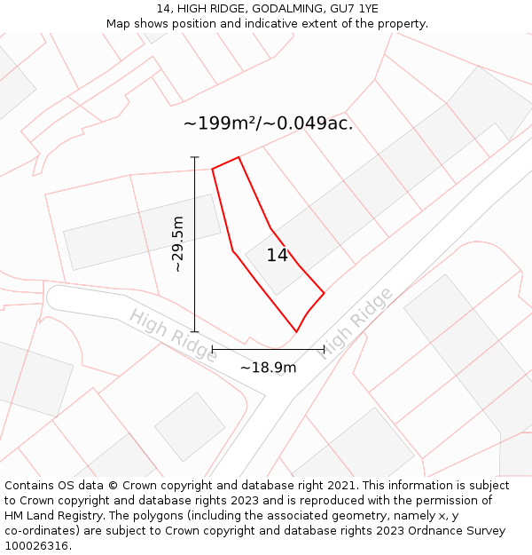 14, HIGH RIDGE, GODALMING, GU7 1YE: Plot and title map