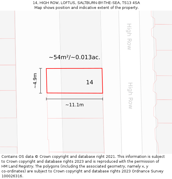14, HIGH ROW, LOFTUS, SALTBURN-BY-THE-SEA, TS13 4SA: Plot and title map