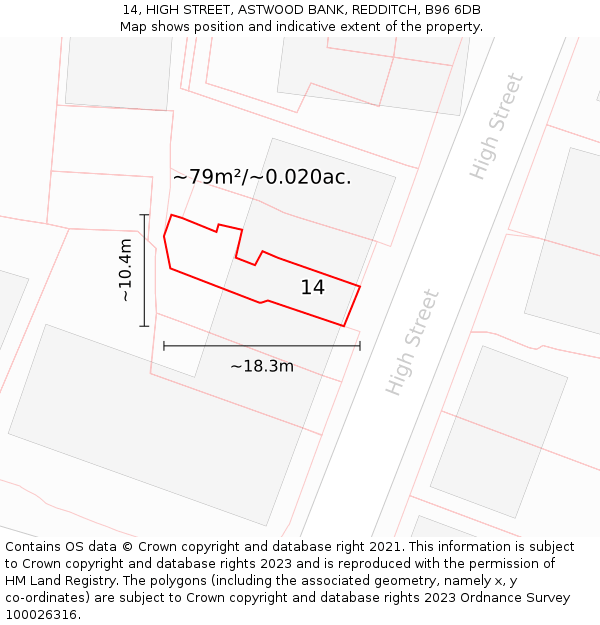 14, HIGH STREET, ASTWOOD BANK, REDDITCH, B96 6DB: Plot and title map
