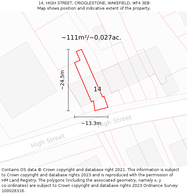 14, HIGH STREET, CRIGGLESTONE, WAKEFIELD, WF4 3EB: Plot and title map