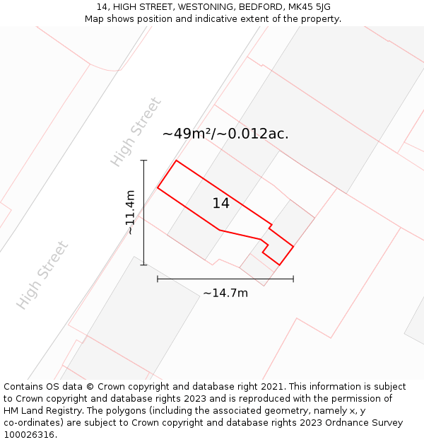 14, HIGH STREET, WESTONING, BEDFORD, MK45 5JG: Plot and title map