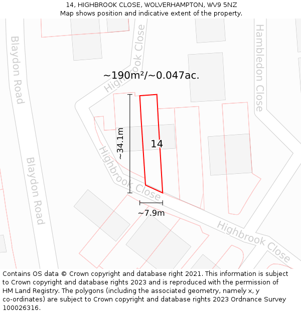 14, HIGHBROOK CLOSE, WOLVERHAMPTON, WV9 5NZ: Plot and title map