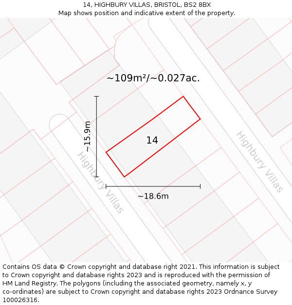 14, HIGHBURY VILLAS, BRISTOL, BS2 8BX: Plot and title map
