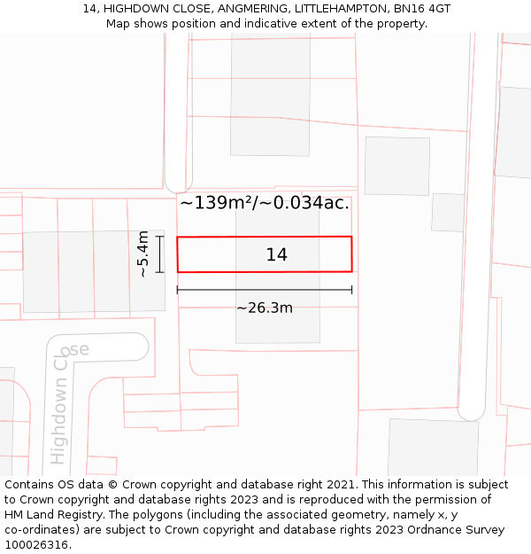 14, HIGHDOWN CLOSE, ANGMERING, LITTLEHAMPTON, BN16 4GT: Plot and title map