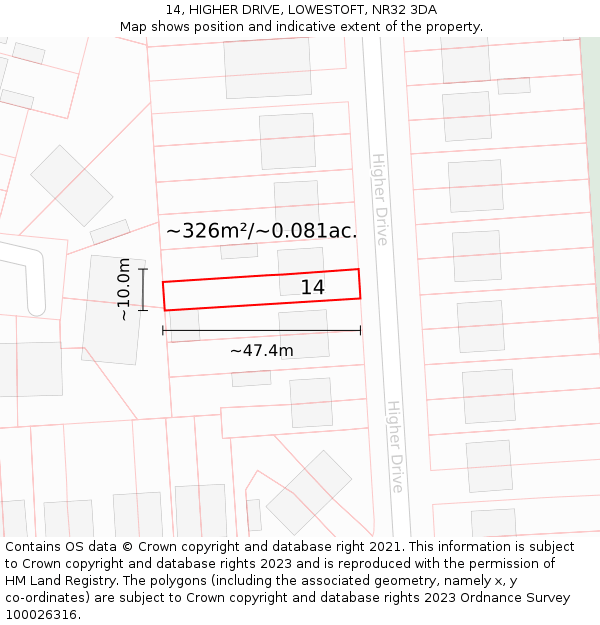 14, HIGHER DRIVE, LOWESTOFT, NR32 3DA: Plot and title map