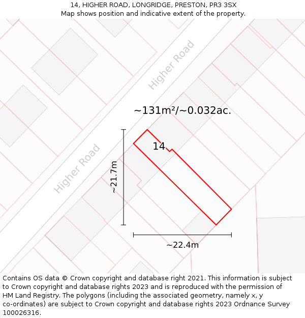 14, HIGHER ROAD, LONGRIDGE, PRESTON, PR3 3SX: Plot and title map