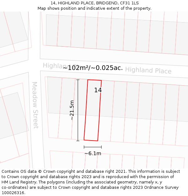 14, HIGHLAND PLACE, BRIDGEND, CF31 1LS: Plot and title map